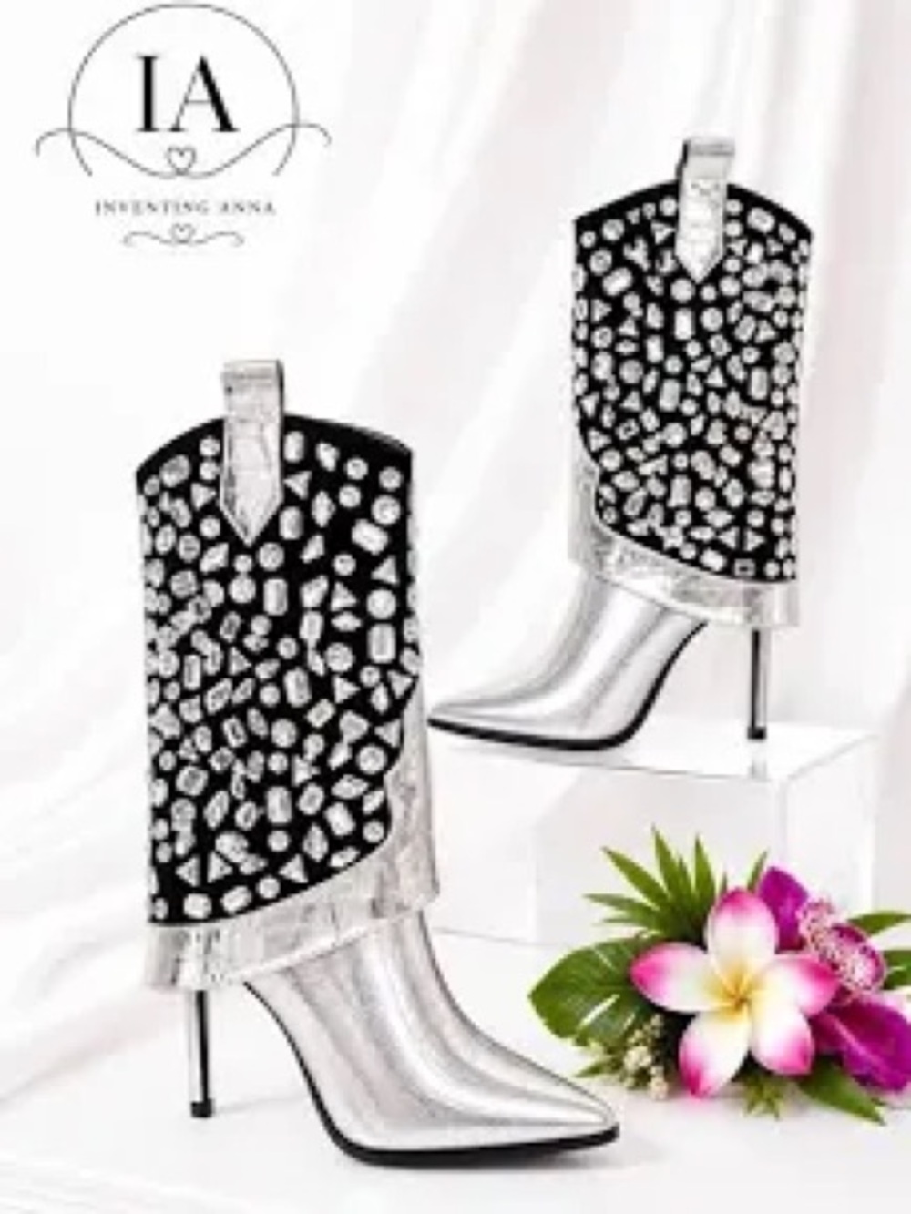LAUREN LORRAINE Hana Metallic Mirrored Stiletto Boot-Sz. 7.5-Silver